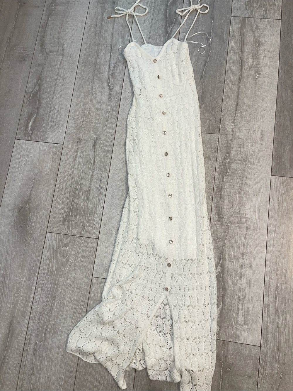 Lace Pearl Button-Front Maxi Dress scallop Crochet - White-XS- never worn! - Picture 1 of 8